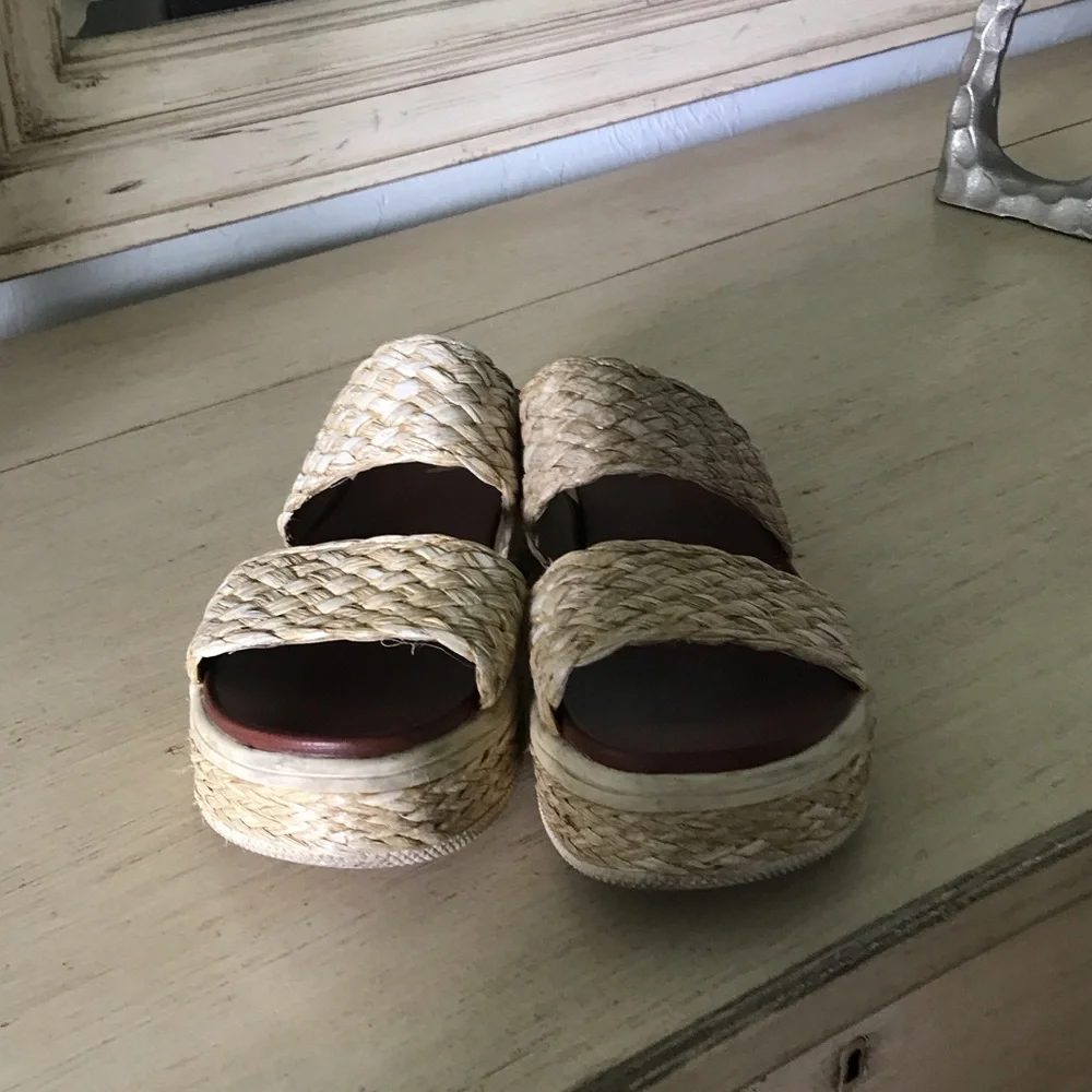 MIA Natural Raffia Espadrille Platform Slide Sandals with Brown Insole